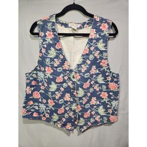 VTG 90s Floral Denim Vest Cherokee M Cottage Granny Country Western Button Retro
